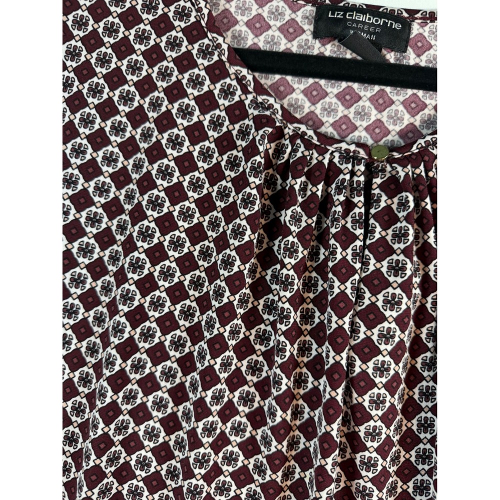 Liz Claiborne Career Womens 2X Burgundy Geometric Diamond Print Long Sleeve‎ top